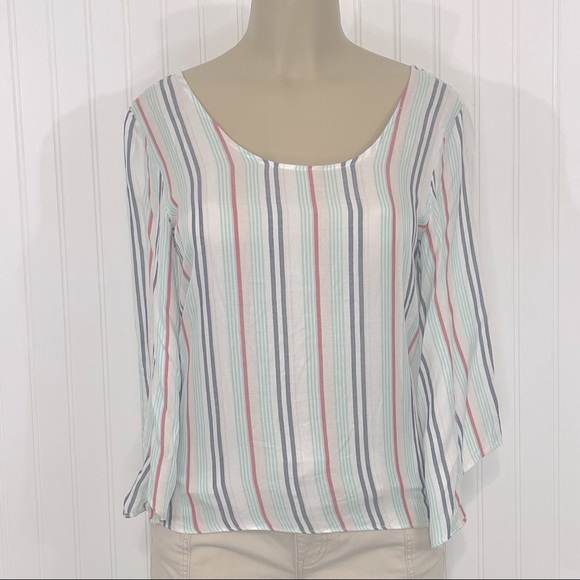 Drew Striped Statement Top Low Back Statement Sleeves Deep Scoopneck XS - Picture 2 of 12